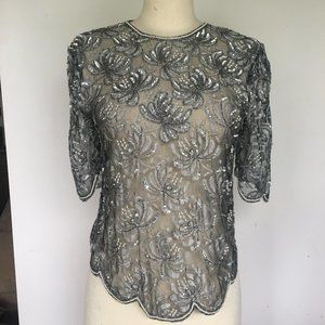 Vintage  Scala Lace and Sequins sheer  Grey Evening Top